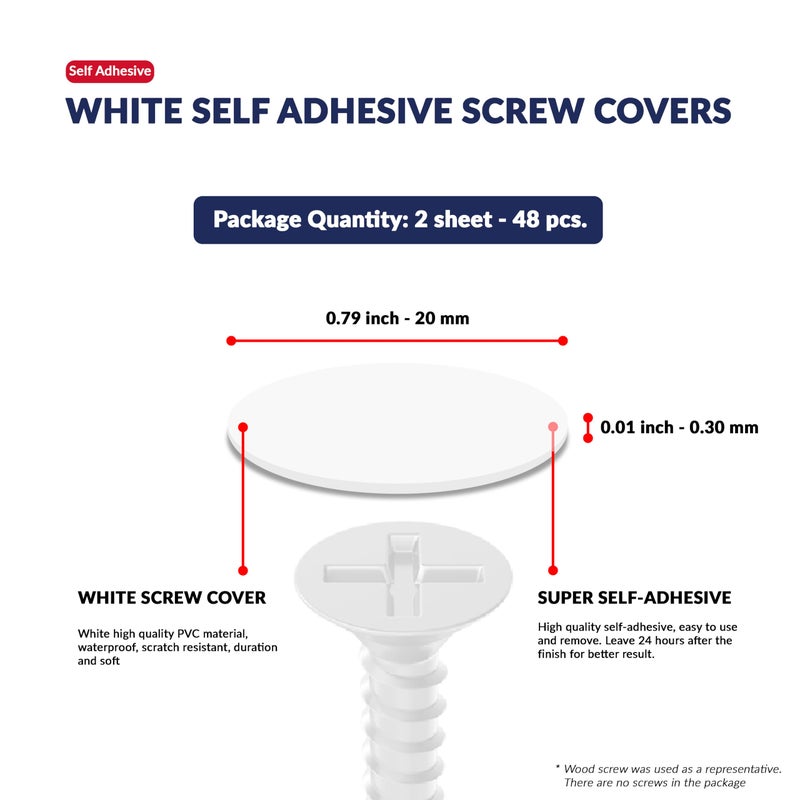 UNMAR White Self-Adhesive Screw Hole Stickers - 48 pcs. 0.79 inch / 20 mm Peel Stick Dust Proof Tape, Water Resistance PVC Caps for Wood Cabinets, Furniture, Drawer, Wardrobe, Kitchen, Table - Image 2